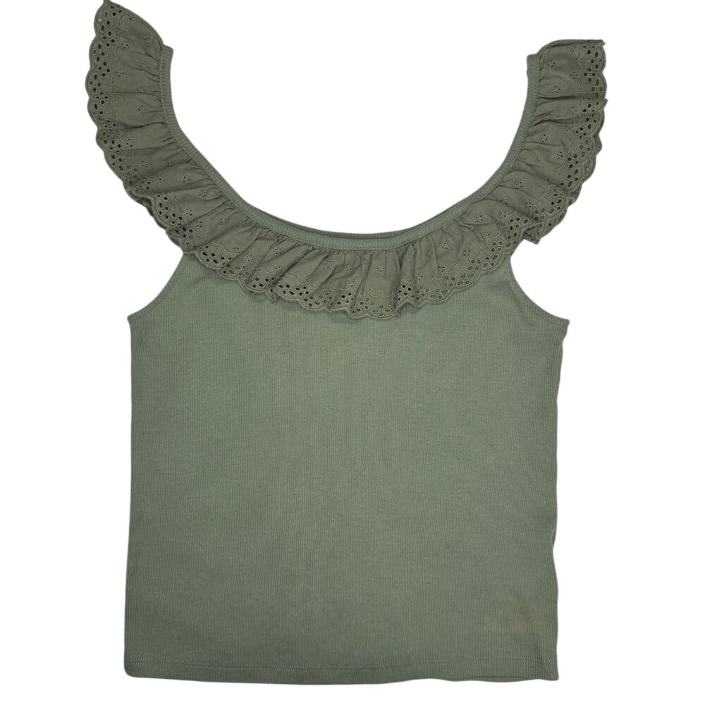 American Eagle Olive Green Ribbed Eyelet Ruffle Tank Top‎ Womens Medium